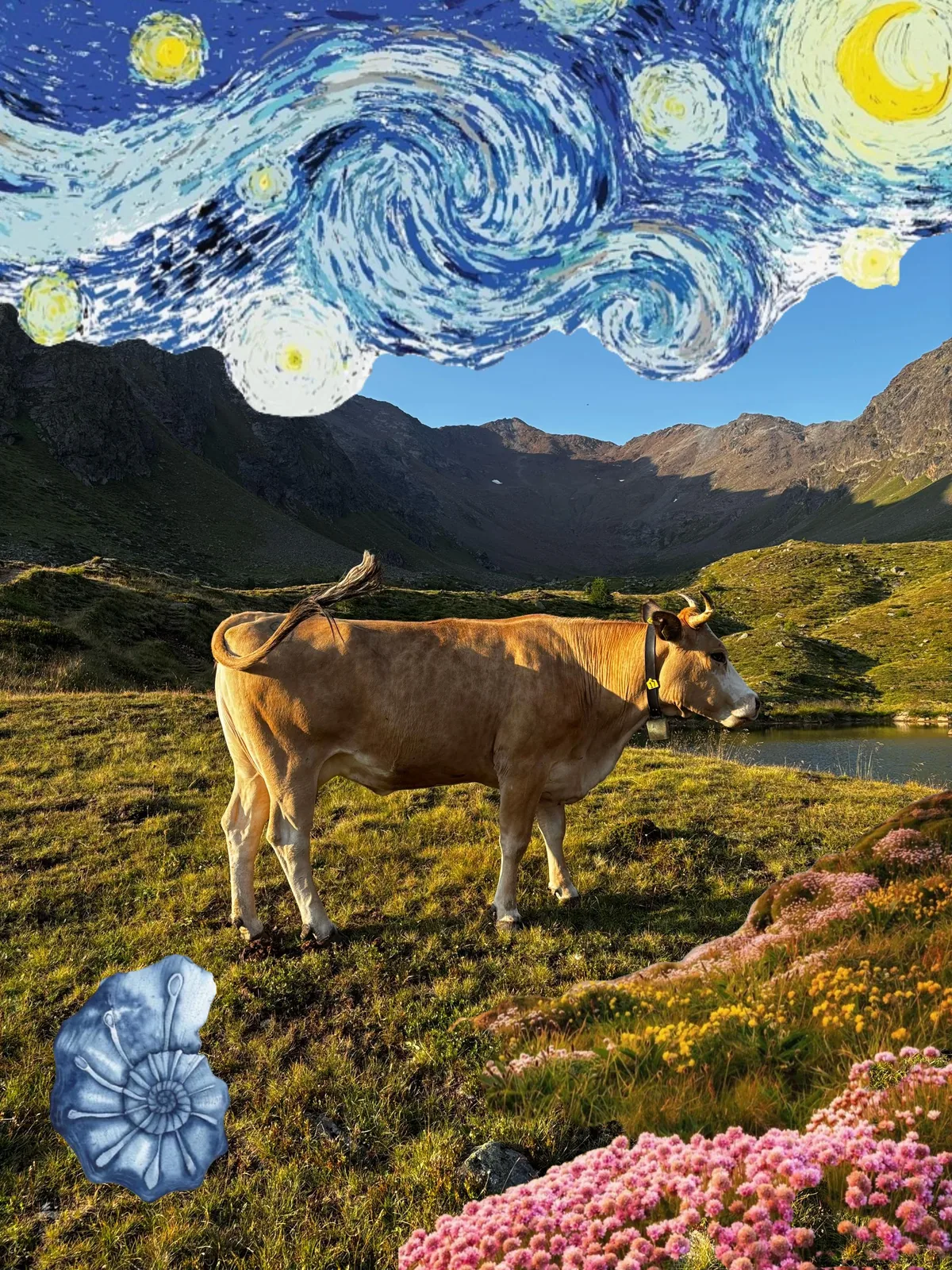 Alpenweide mit Kuh, Blüten und gemaltem Sternenhimmel