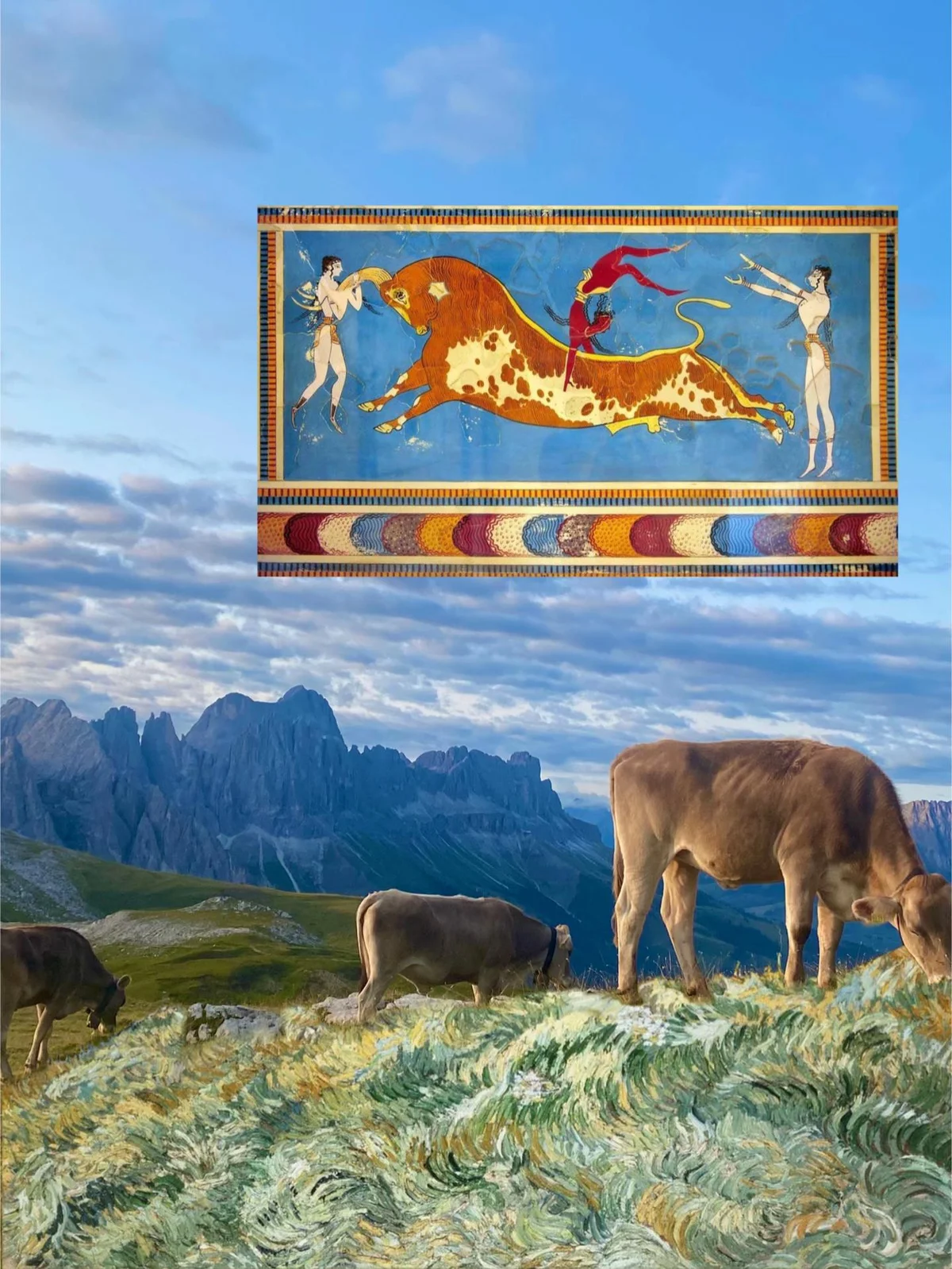 Collage aus Alpenweide mit Kühen, blauem Himmel und antikem Stiersprungmotiv