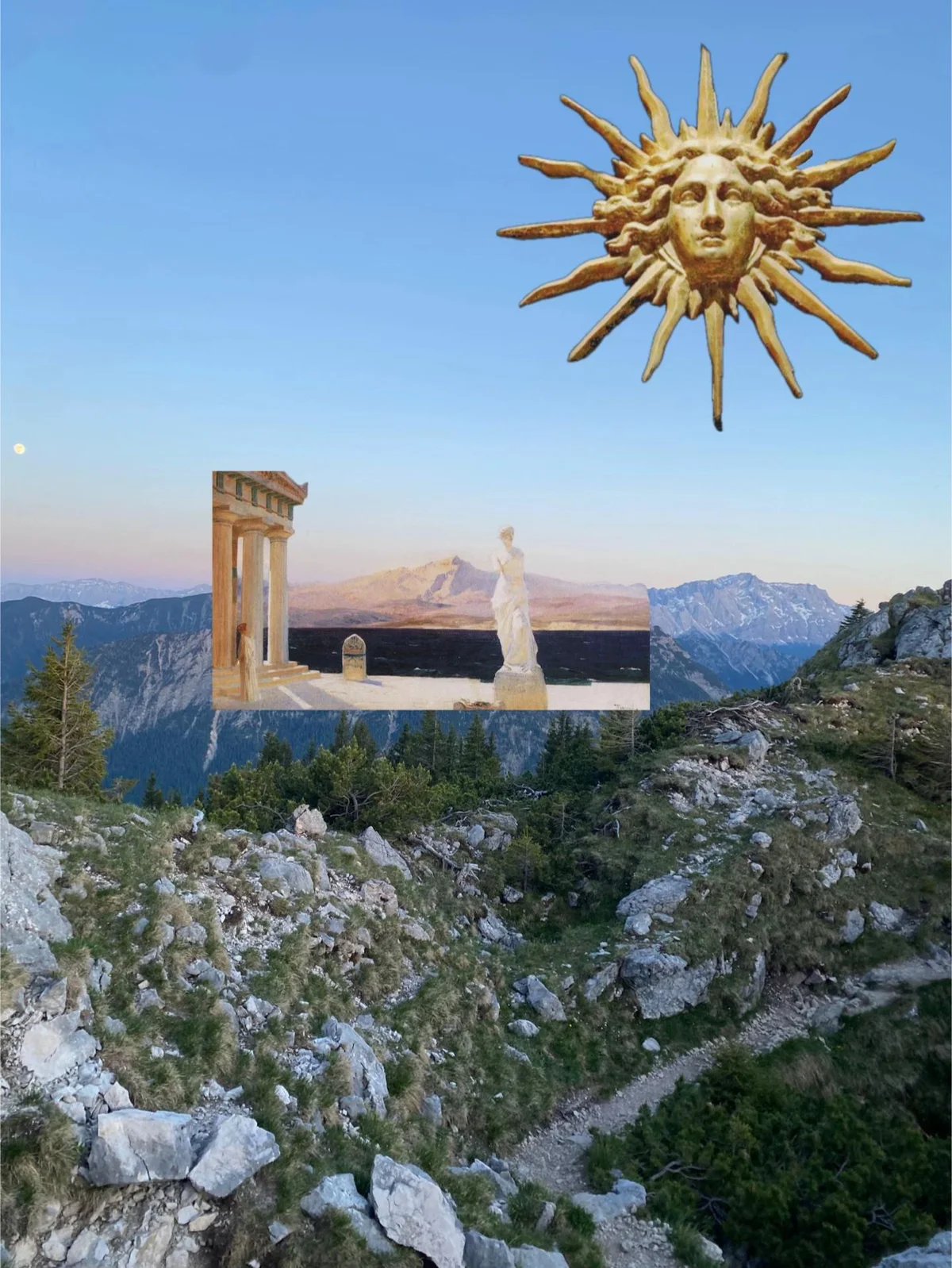 Collage aus Alpenlandschaft, antikem Tempel, Statue und goldener Sonne