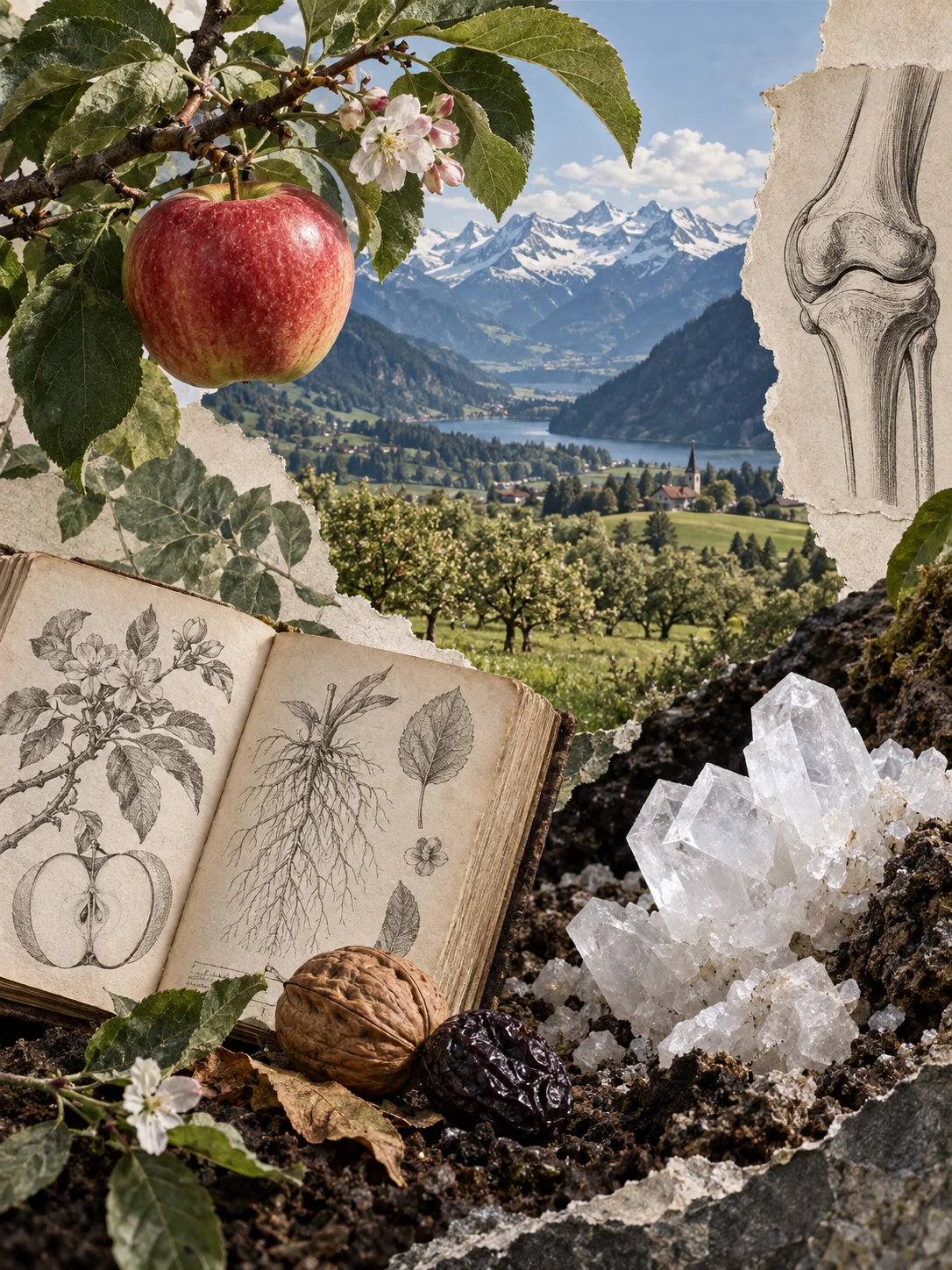 Collage aus Apfelzweig, hellen Mineralien, botanischen Studien und Alpenlandschaft