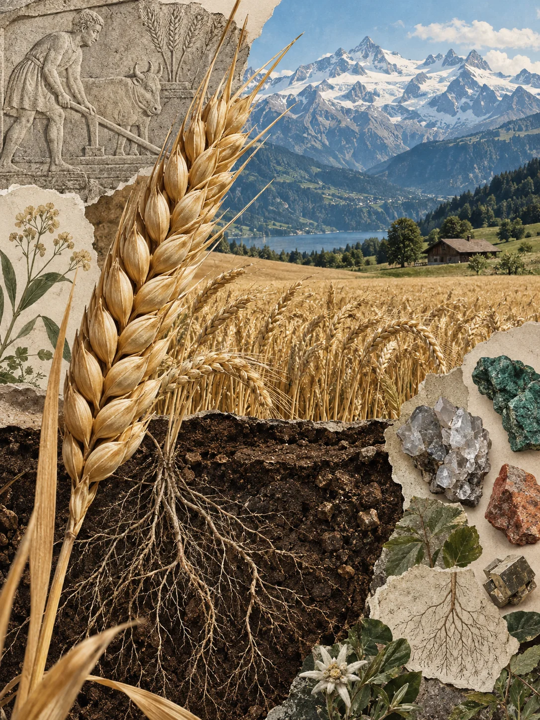 Collage aus Weizenfeld, Alpen, Boden mit Wurzeln und Mineralien
