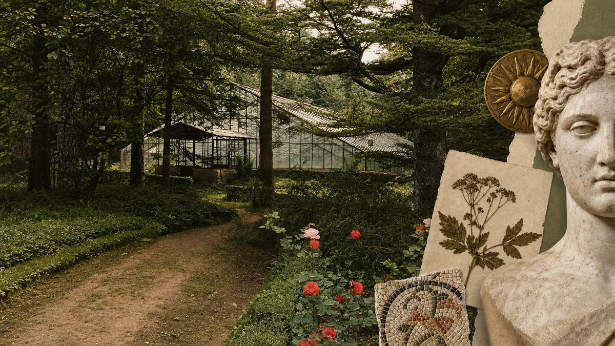 Collage aus einem historischen Gewächshaus im Wald, Rosen, einer antiken Marmorbüste, einer Messingsonne und einem gepressten Heilkraut