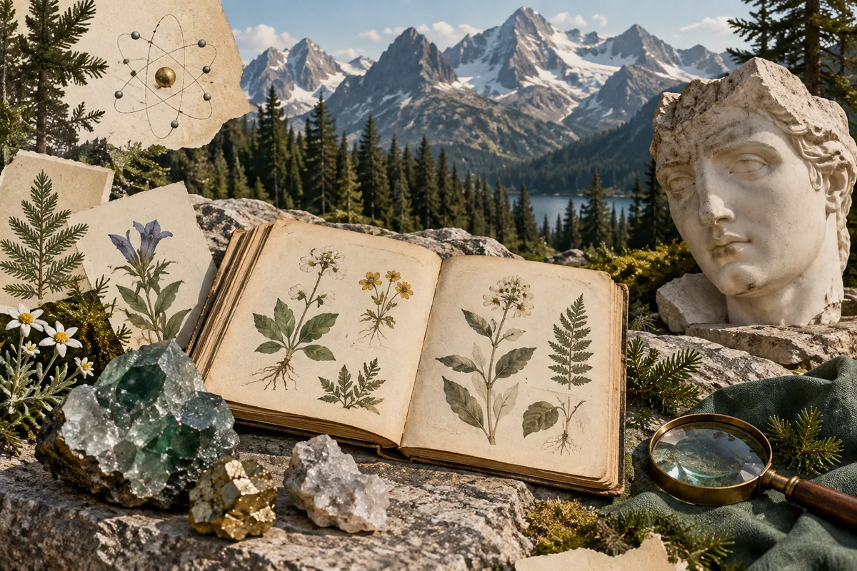 Alpine Collage mit einem aufgeschlagenen Naturkundebuch, Mineralien, Atommodell und antikem Marmorkopf