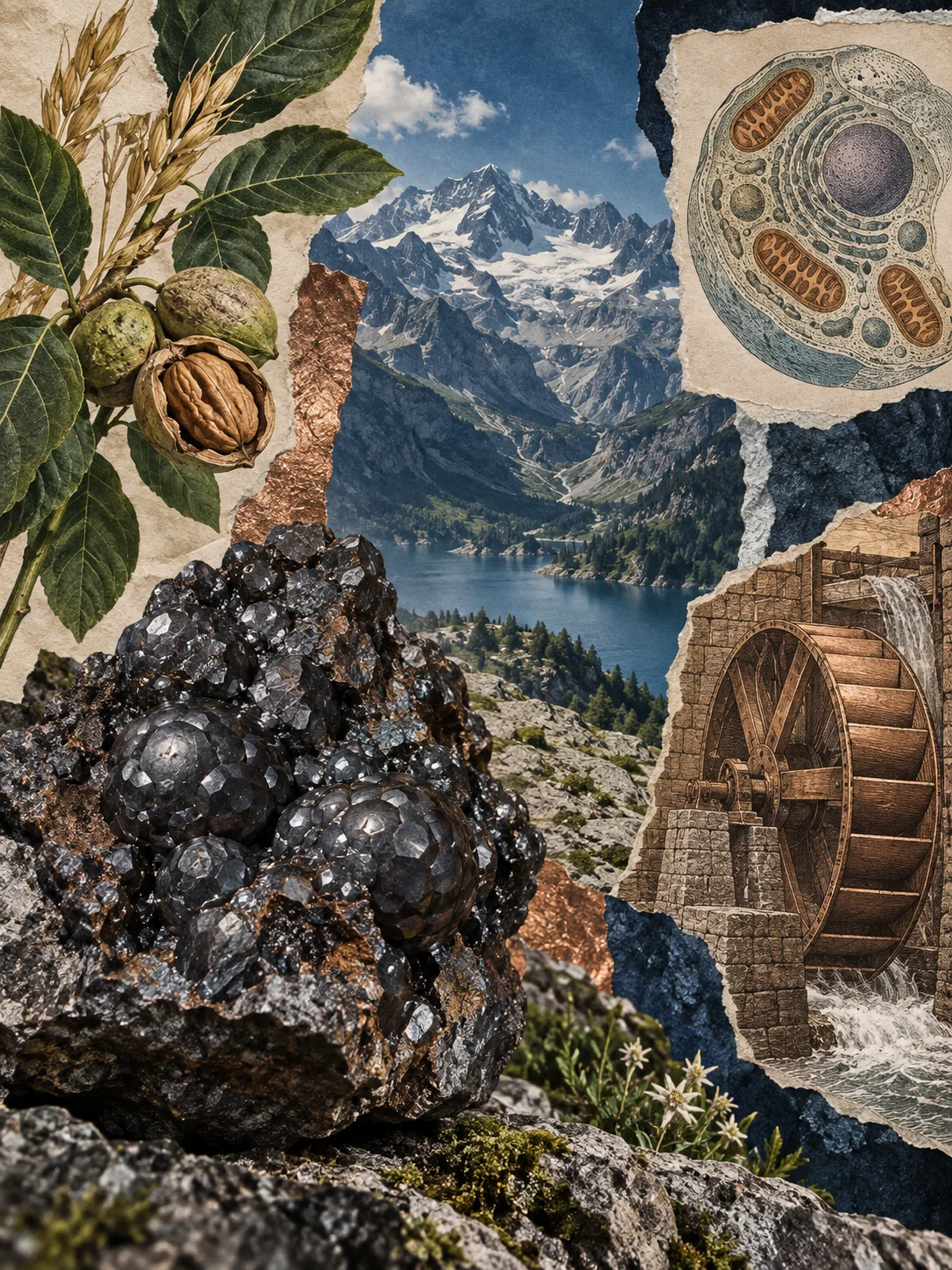Collage aus Alpen, dunklem Mineral, Wasserrad, Zellillustration und Nüssen