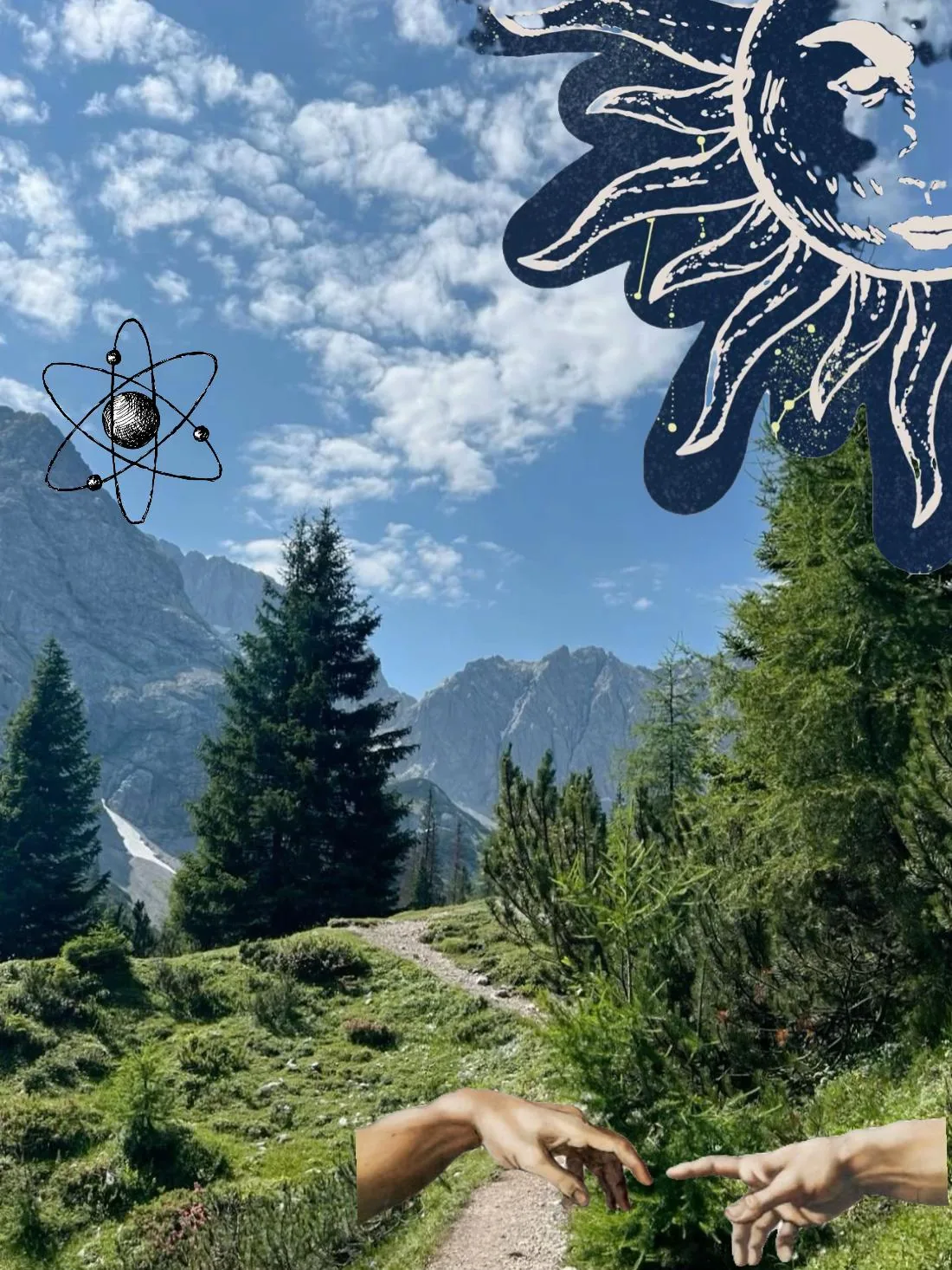 Berglandschaft mit grafischem Atom und Blütenfragment