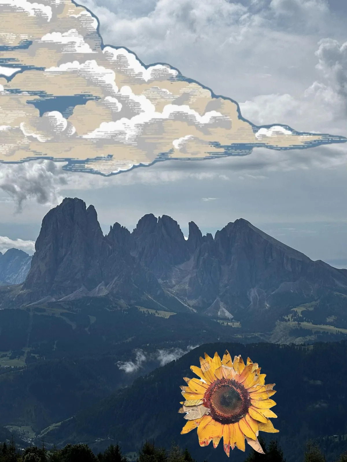 Bergmassiv mit gezeichneter Wolke und Sonnenblumen-Collage