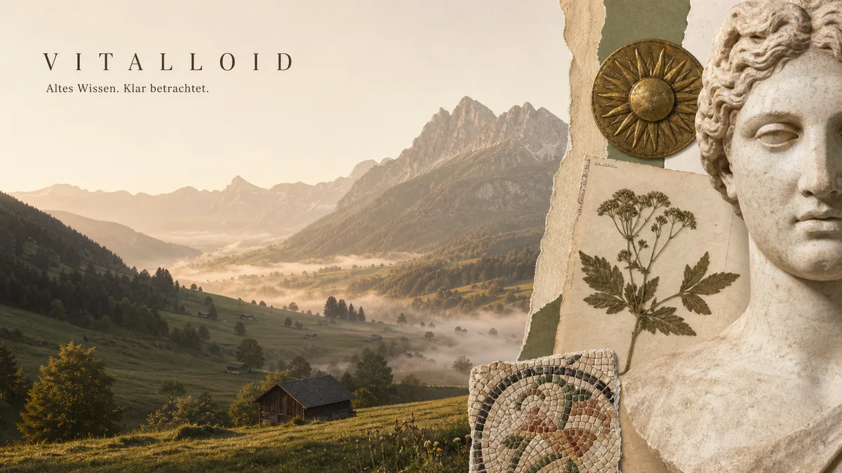 Warme Collage aus Alpenlandschaft, Marmorbüste, Messingsonne und gepresstem Kraut