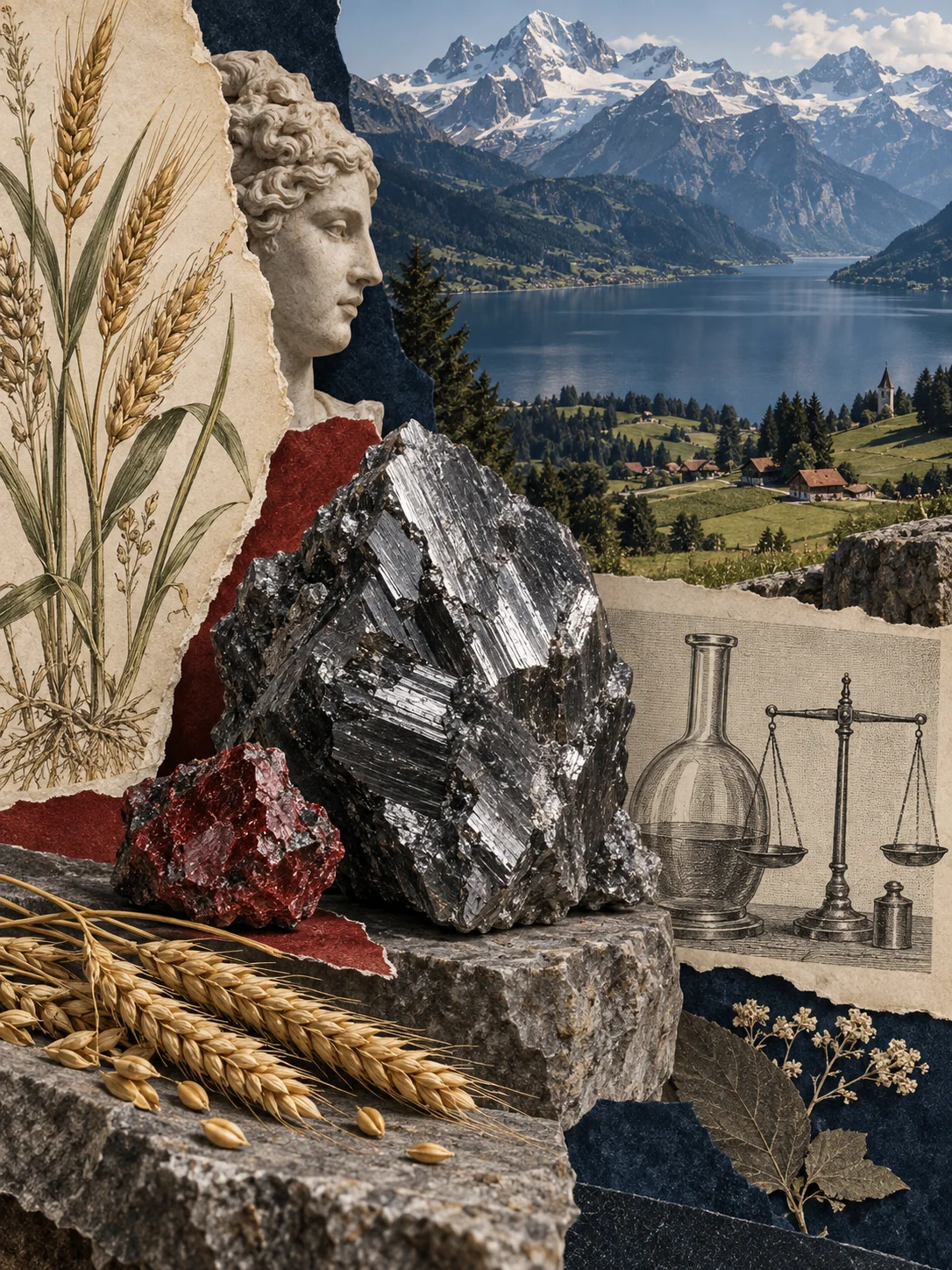 Collage aus Alpenlandschaft, Mineralien, historischen Laborgeräten und Getreide