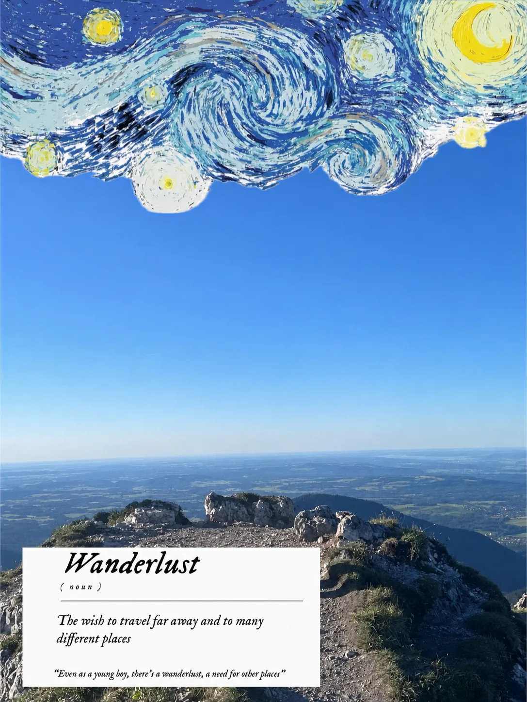 Menschenfreie Bergcollage mit Sternenhimmel und Wanderlust-Fragment