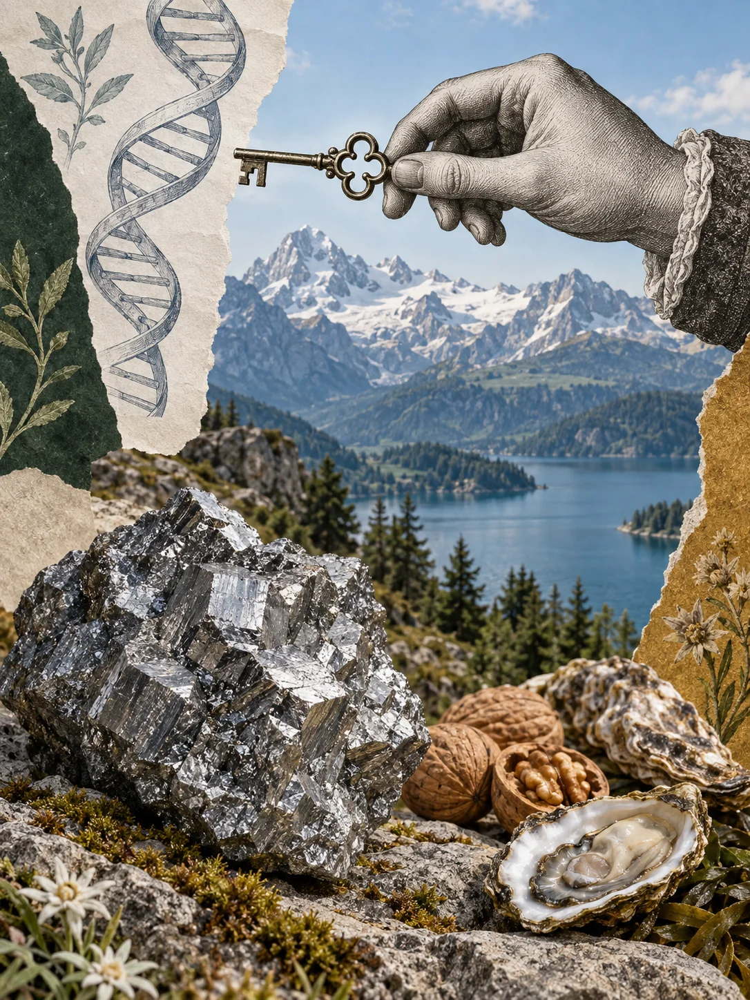 Collage aus Alpen, metallischem Mineral, Schlüssel, DNA-Illustration und Lebensmitteln